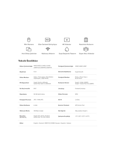 Akaso Snapx 4k/60fps 20mp Wi-fi Mini Aksiyon Kamera,taşınabilir Vücut Kamerası, Giyilebilir Video Ka Beyaz