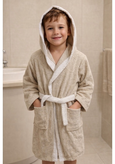 Garson Beden Çocuk Bornozu 10-14 Yaş Biyeli Bornoz Bej