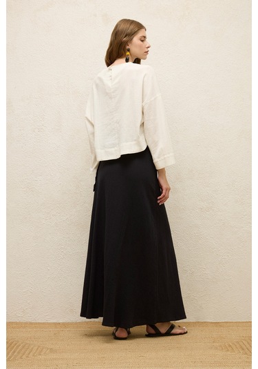 Manuka Pamuklu Geniş Kol Crop Bluz Ekru