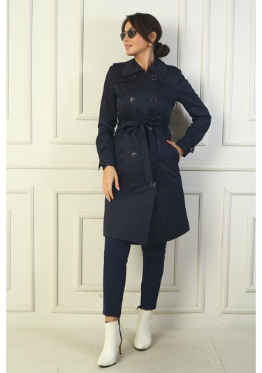 Kadın Önü Düğmeli Beli Kuşaklı Cepli Pardesü Lacivert