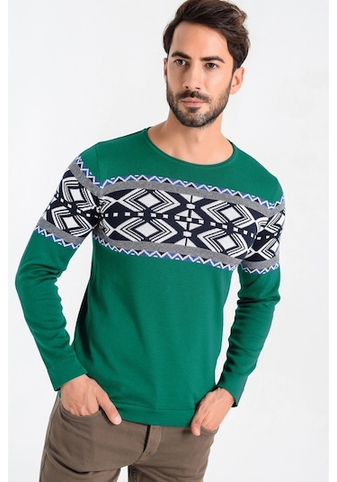 Heyss Bisiklet Yaka Desenli Yeşil Erkek Triko Kazak Yeşil