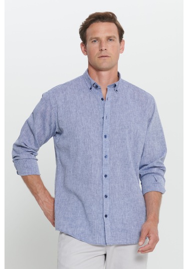 Erkek Lacı Comfort Fit Rahat Kesim Düğmeli Yaka Keten Gömlek Lacı Lacivert