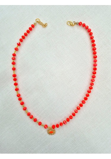 Koyu Turuncu Kristal Cam Boncuklu Bayan Kolye