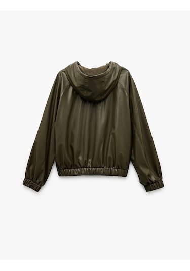 Koton Fermuarlı Cepli Uzun Kollu Kapüşonlu Crop Suni Deri Bomber Ceket Yeşil 6wak20016ew Yeşil