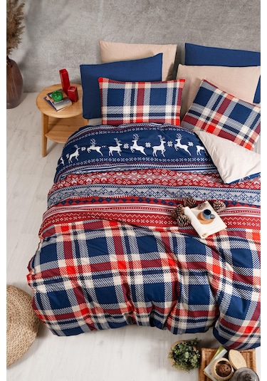 Lastikli Çarşaflı Çift Kişilik Nevresim Takımı Cerf Kırmızı-lacivert Kırmızı - Lacivert