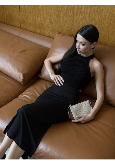 Delvıga Home Collection Yazlık Yırtmaçlı Maksi Etek, Lapşa Blok Yapılı 231046893 Siyah