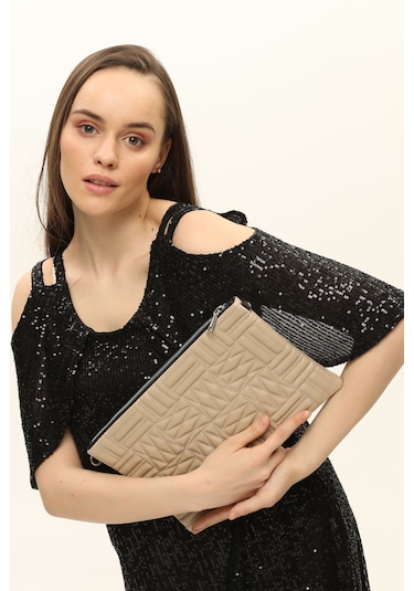Morpelikan Bej Zigzag Clutch Kadın Portöy Çanta Bej