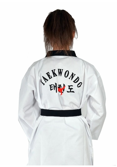 Fitilli Siyah Yaka Taekwondo Elbisesi Dobok Üst Kuşak Dobok Beyaz