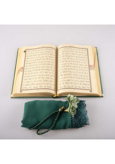 Şal + Tesbih + Kuran Hediye Seti (Hafız Boy, Kadife, Zeytin Yeşil