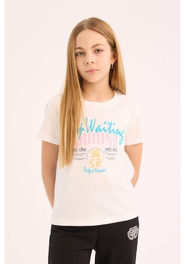 DeFacto Kız Çocuk Bisiklet Yaka Baskılı Kısa Kollu Tişört E0351A825SMWT34 Beyaz