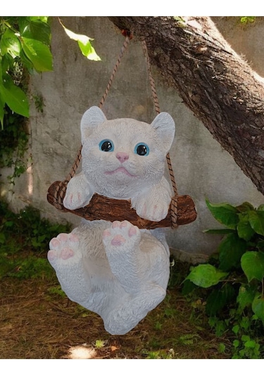 1 Adet Dekoratif Sallanan Duvar Ve Bahçe Süsü Kedi Beyaz