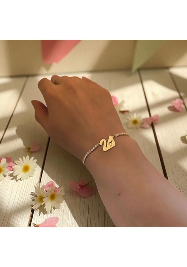 Archin Y Harfine Özel Kuğu Kuşu Motifli 14 Ayar Altın Plakalı Beyaz Taş Detaylı Hediye Bileklik-601harf Y