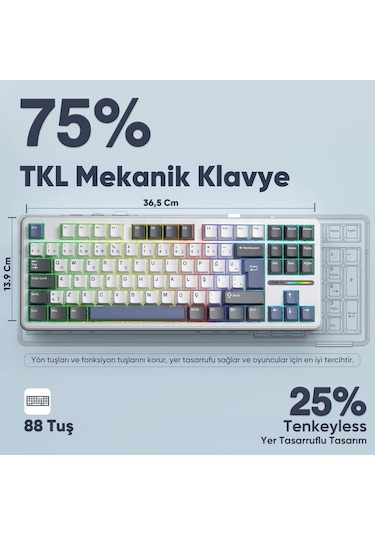 Aula F87 Pro Mekanik Rgb Tkl Graywood V4 Switch Kablosuz Makrolu Hot Swap Türkçe Q Klavye Mavi