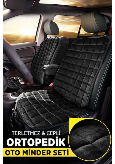 Premium Cepli Ortopedik Oto Koltuk Oto Koltuk Kılıf Seti - Ön 2 Koltuk Set - Siyah