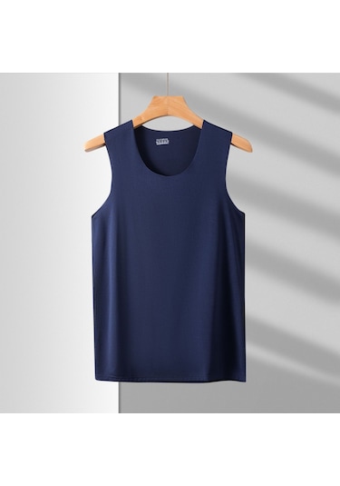 Yuvarlak Yaka Buz İpek Kumaş Spor Süper Elastik Slim Fit Erkek Kolsuz Atlet Tshirt Lacivert
