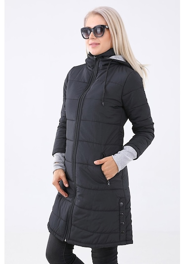 Kışlık Kapüşonlu Eldiven Detaylı Kadın Şişme Mont Siyah