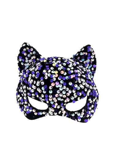 Siyah Kadife Kumaş Üzerine Mor Beyaz Payetli Pullu Parti Maskesi 16x14 Cm