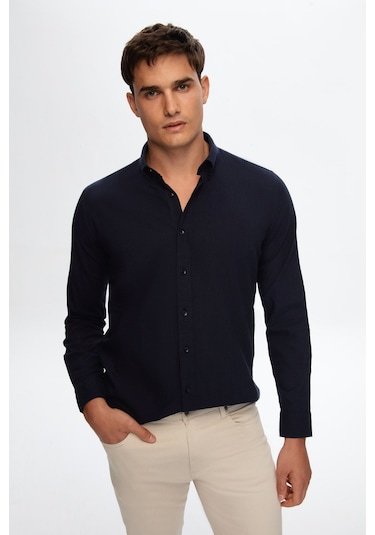 D'S Damat Ds Damat Slim Fit Lacivert Düğmeli Yaka %100 Pamuk Yazlık Flamlı Keten Görünümlü Gömlek 6HC02ORT63265 Lacivert