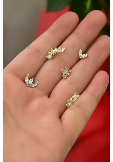 Çelik Üç Renk 5'li Kombinli Tragus Küpe Model19-2 Rodyum - Altın
