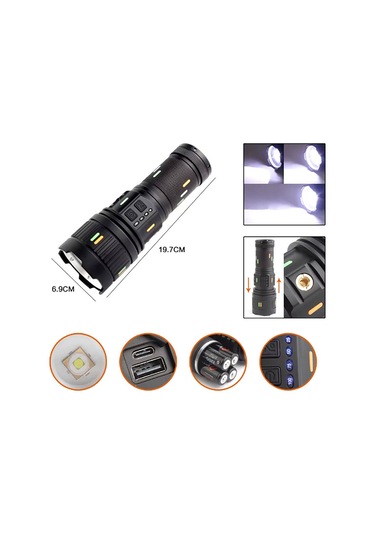 Pro F-3001 Alüminyum Tg Led Güç Göstergeli Type-c Şarjlı El Feneri 100 W Açık Gri