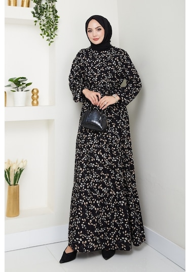 Semar Dokuma Viskon Elbise 1541 - Siyah Siyah
