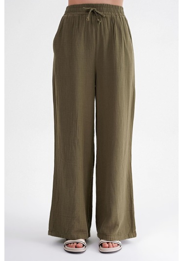 4286 Kadın Bol Paça Beli Lastikli Müslin Palazzo Pantolon Haki Haki