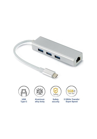 Type C To 3 Port Usb 3.0 Hub Çoklayıcı Ethernet Apple Uyumlu MacBook