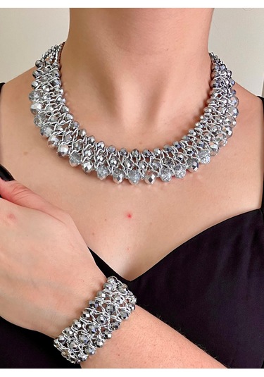 Gümüş Kristal Taşlı Türk El Yapımı Gerdanlık Kolye Ve Bilezik Set Gümüş