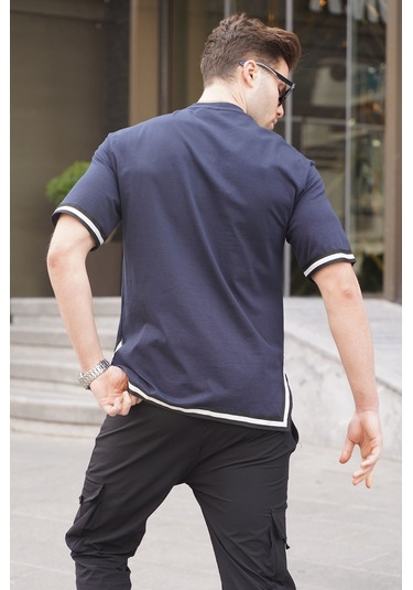 Madmext Lacivert Bisiklet Yaka Şeritli Tişört 6097-lacivert Lacivert