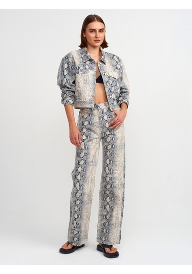 Dilvin Yılan Desen Crop Denim Mont Ekru