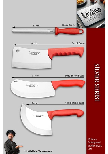 Lazbisa MFP-001 Silver Pro Serisi Mutfak Bıçak Seti 10 Parça Et Ekmek Sebze Soğan Börek Bıçağı Satırı Kırmızı
