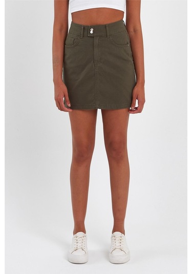 Kadın Çift Düğmeli Mini Kot Etek Haki-haki Haki