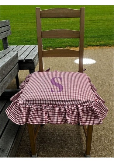 Kırmızı Pitikareli Buldan Yıkanmıs Keten 4 Tarafı Fırfırlı Sandalye Minderi Çok Renkli