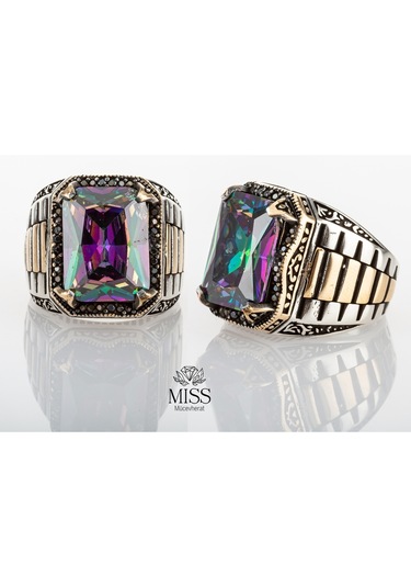 Gümüş Mistik Topaz Taşlı Saat Kordon Model Erkek Yüzük