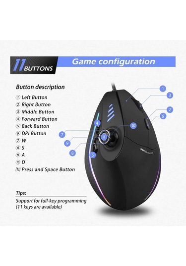 Jeemson E-spor İ&ccedil İn Dikey Oyun Faresi, Kablolu Ergonomik Tutuş, Özel Makro Programlama Ve Işıklı Led Optik