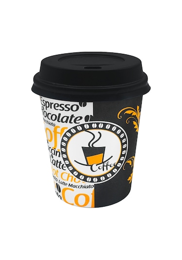 7 Oz Plastik Kapaklı Otomat Karton Bardak 180 Ml - 100 Adet Siyah