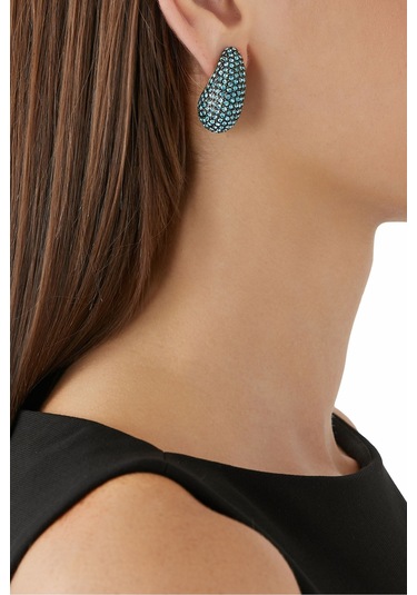 Pave Dome Earrings, Kristalli Kup Tarzı Küpe Turkuaz