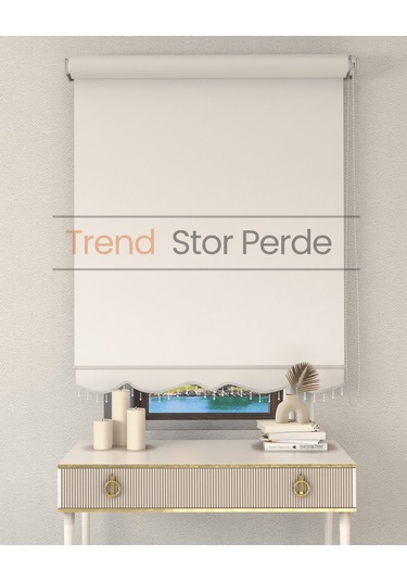 Ekru Boncuklu Zebra Stor Güneşlik Perde Opak Ekru