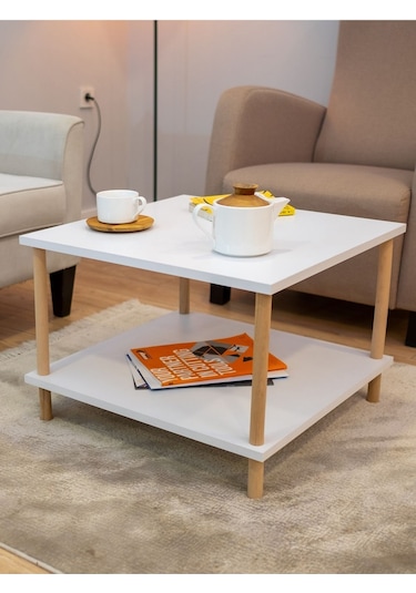 Kare Orta Sehpa Ahşap Ayaklı Sehpa Iki Raflı Sehpa Dekoratif Sehpa Gazetelikli - Beyaz - 60cm X 60cm