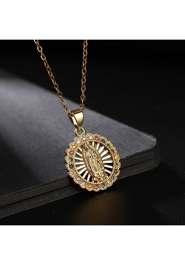 Dini Bakır Mikro Mıhlanmış Renkli Zirkon Taşlı Pandantif, Kadın Takısı, Katolik Meryem Ana Kolyesi G. G. Altın