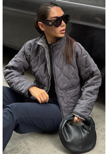 Füme Dik Yaka Kapitone Kadın Mont Mg2568 Füme
