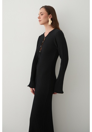 Siyah Düğme Detaylı Uzun Elbise - 1725 Kahverengi