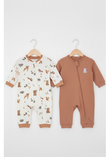 Baskılı 2'li Erkek Bebek Tulum Seti 3-24 Ay Kd53128 Kahverengi