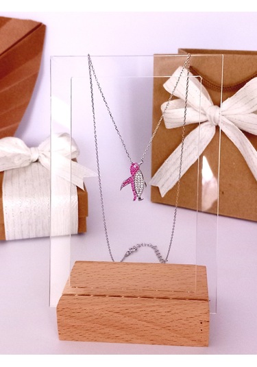 Gümüş Pembe Zirkon Taşlı Penguen Trend Kadın Kolye Öğretmenler