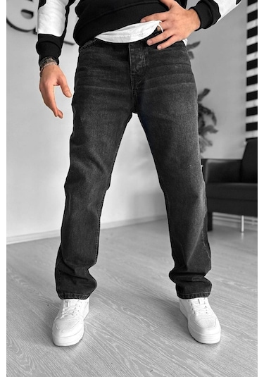 Baggy Siyah Taşlamalı Bol Kesim Kot Pantolon Siyah