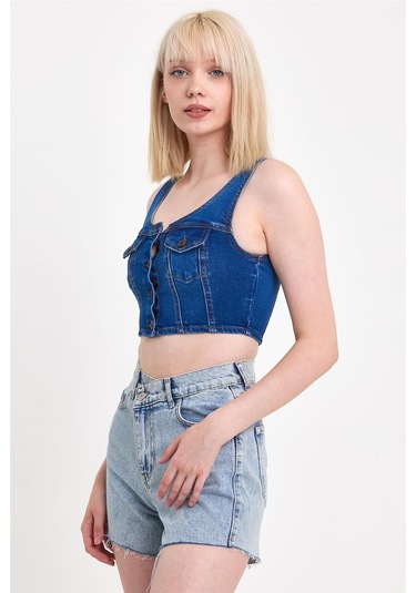 Kadın Önü Düğmeli Cep Detaylı Askılı Denim Crop Lacivert