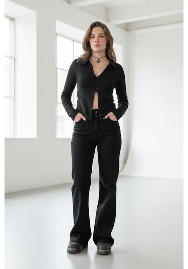 Siyah Polo Yaka Çift Fermuarlı Slim Fit Kadın Body Mg2652 Siyah