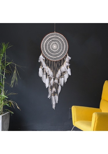Büyük Boho Rüya Yakalayıcı Beyaz Tüy Ve Boncuk Duvar Askısı Vintage Düğün Ev Dekoru 40 Cm Daire 110 Cm Uzunluk