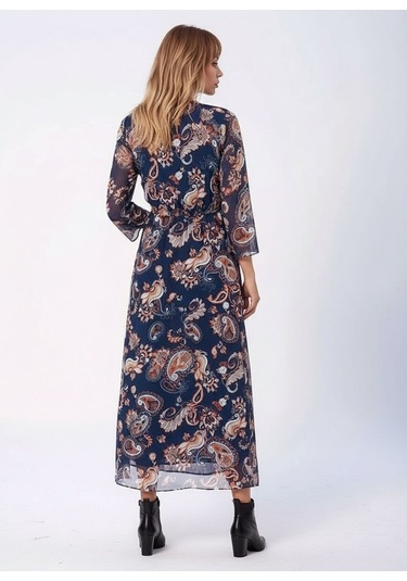 Kadın V Yaka Astarlı Uzun Truvakar Kol Çiçekli Tül Şık Maxi Boy Elbise Lacivert