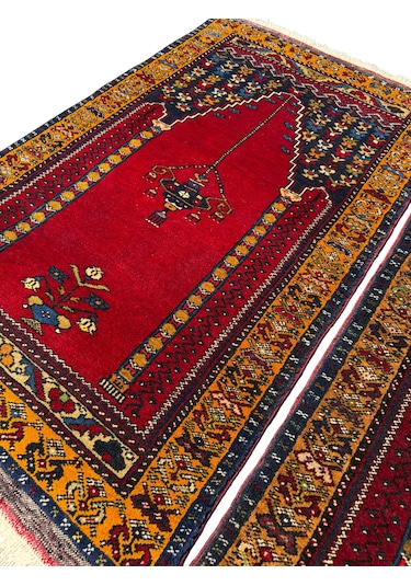 El Dokuma Çift Sıfır Eski Yahyalı Namazlık Kök Boya %100 Yün Seccade Kırmızı